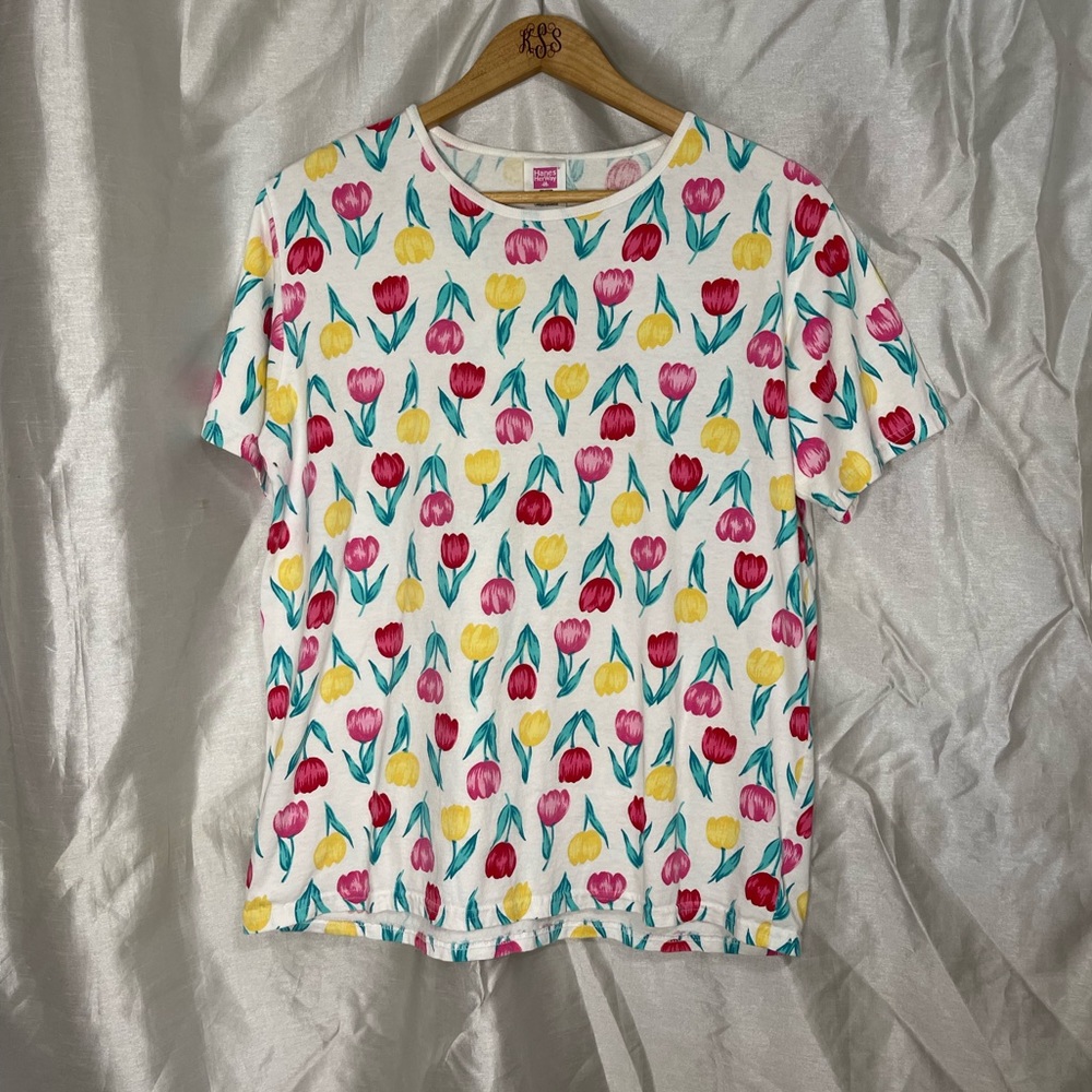 VTG 90’s Retro Hanes Her Way Tulip Print Graphic Short Sleeve T-Shirt Top